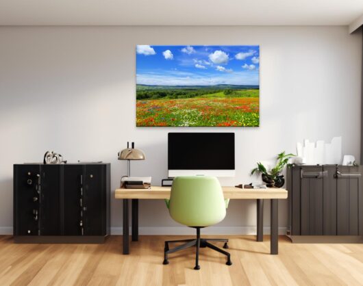 Blumenwiese und Blauer Himmel auf Fotoleinwand