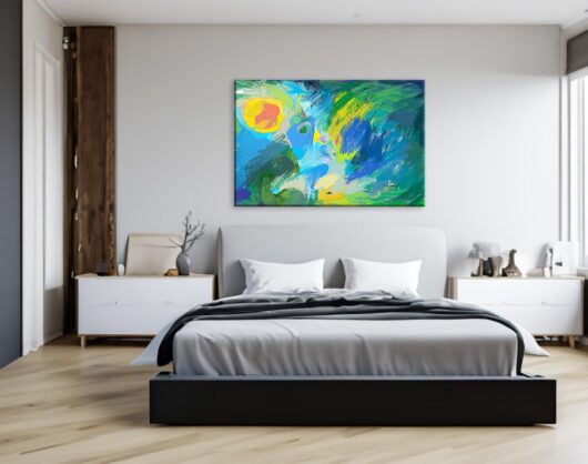 Abstrakte Kunst auf Fotoleinwand mit Sonne und Wellen - Schlafzimmer